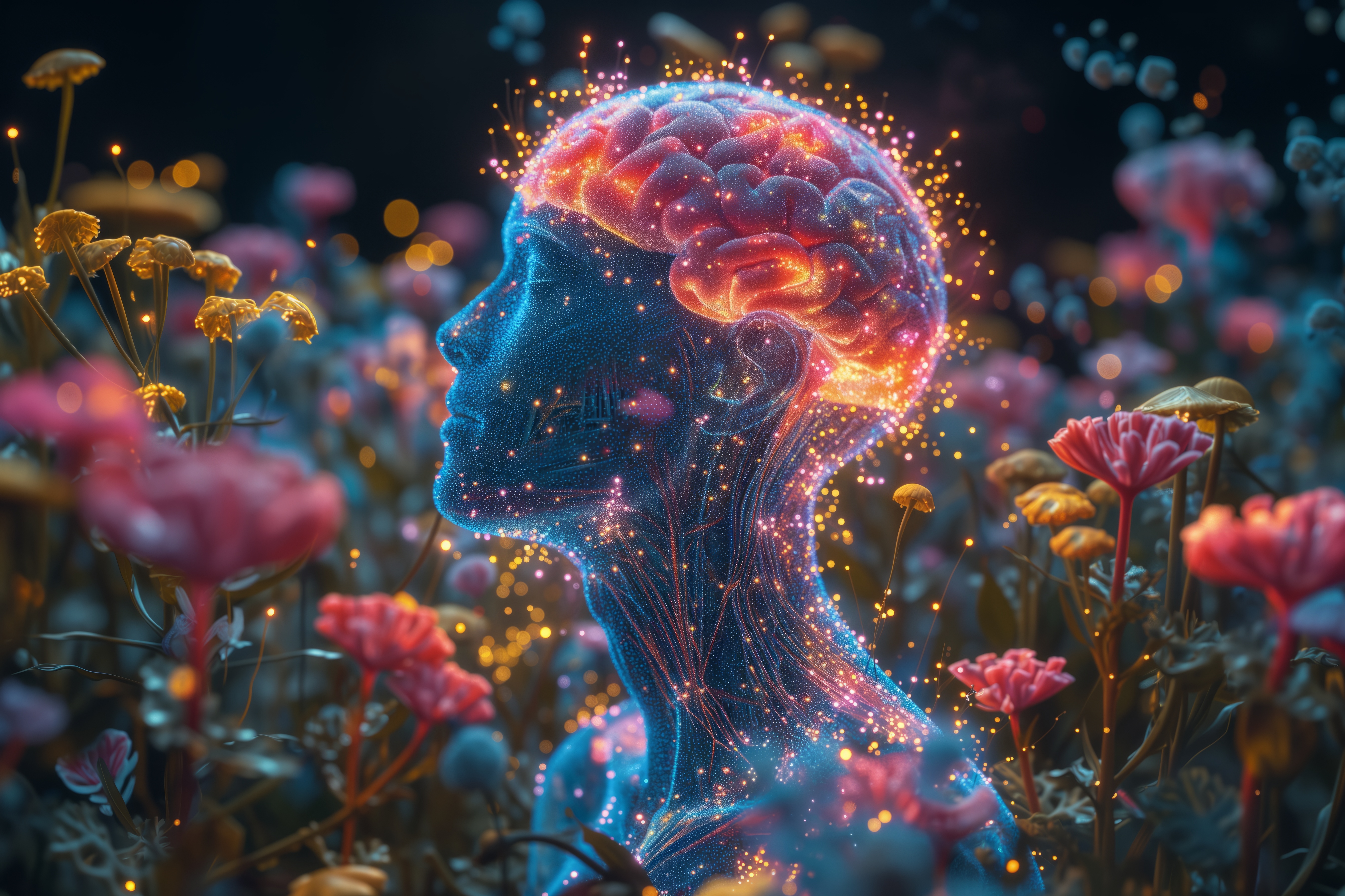 AI image of a glowing human in a flower bed